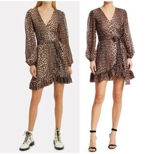 GANNI Tilden Brown Leopard Print Mesh V-Neck Long Sleeve Mini Wrap Dress Sz 4